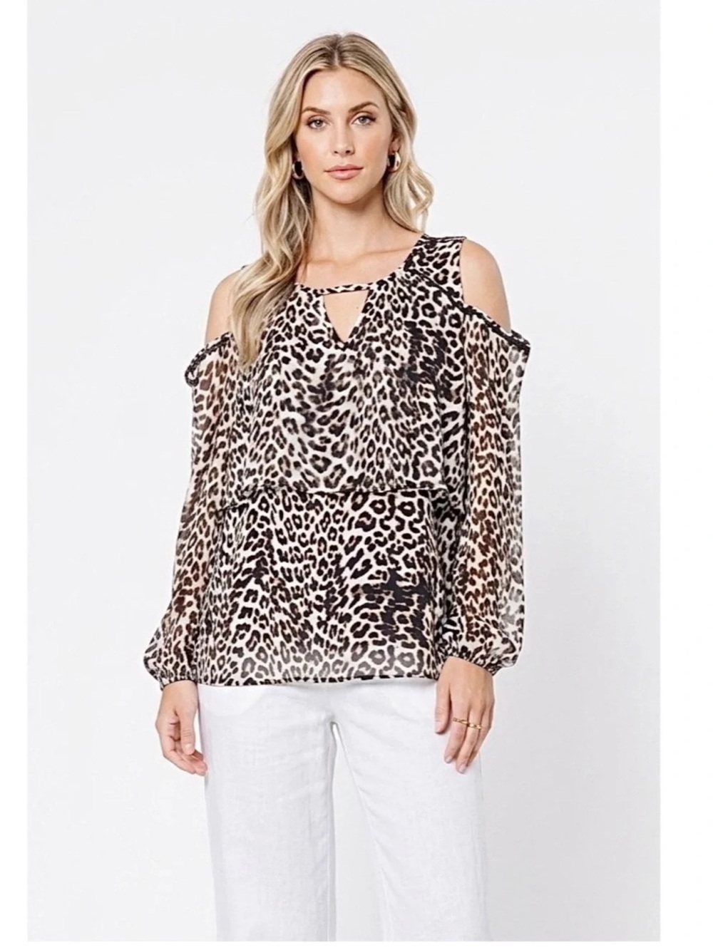 New Leopard Print Cold-Shoulder Crochet Trim Lightweight Flowy Blouse Medium